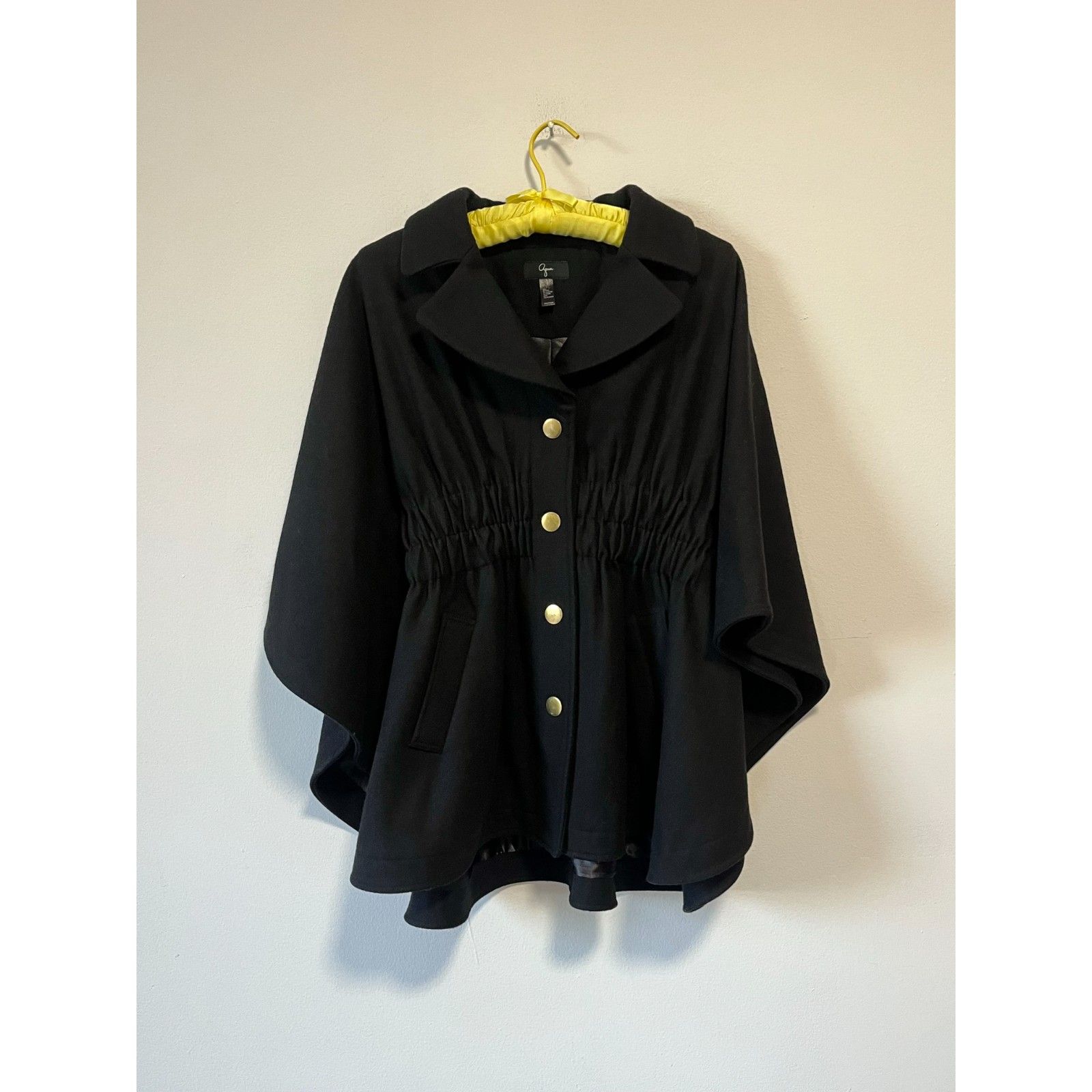 Black Cape Coat Ruched Waist Snap Front Wool Blend Black Collared Aqua Small
